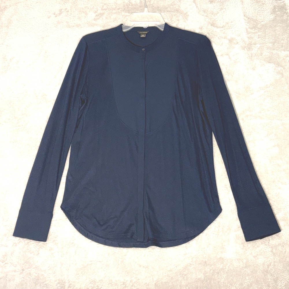 Ann Taylor Black Tuxedo Bib Front Blouse M Hidden Button Tuxedo Shirt Stretch